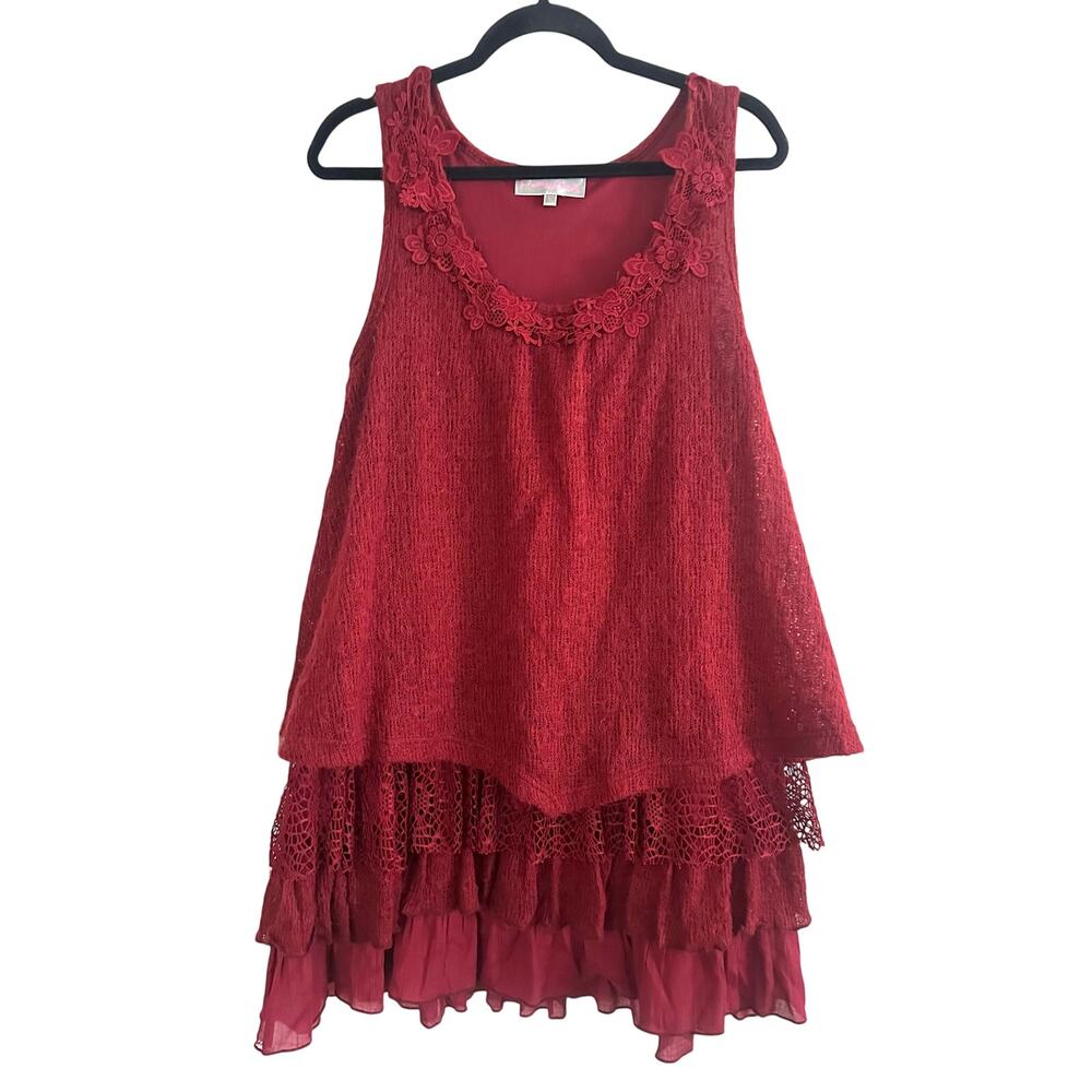 PRETTY ANGEL Knit Crochet Lace Layered Lagenlook Fairycore Mini Dress Red Sz L